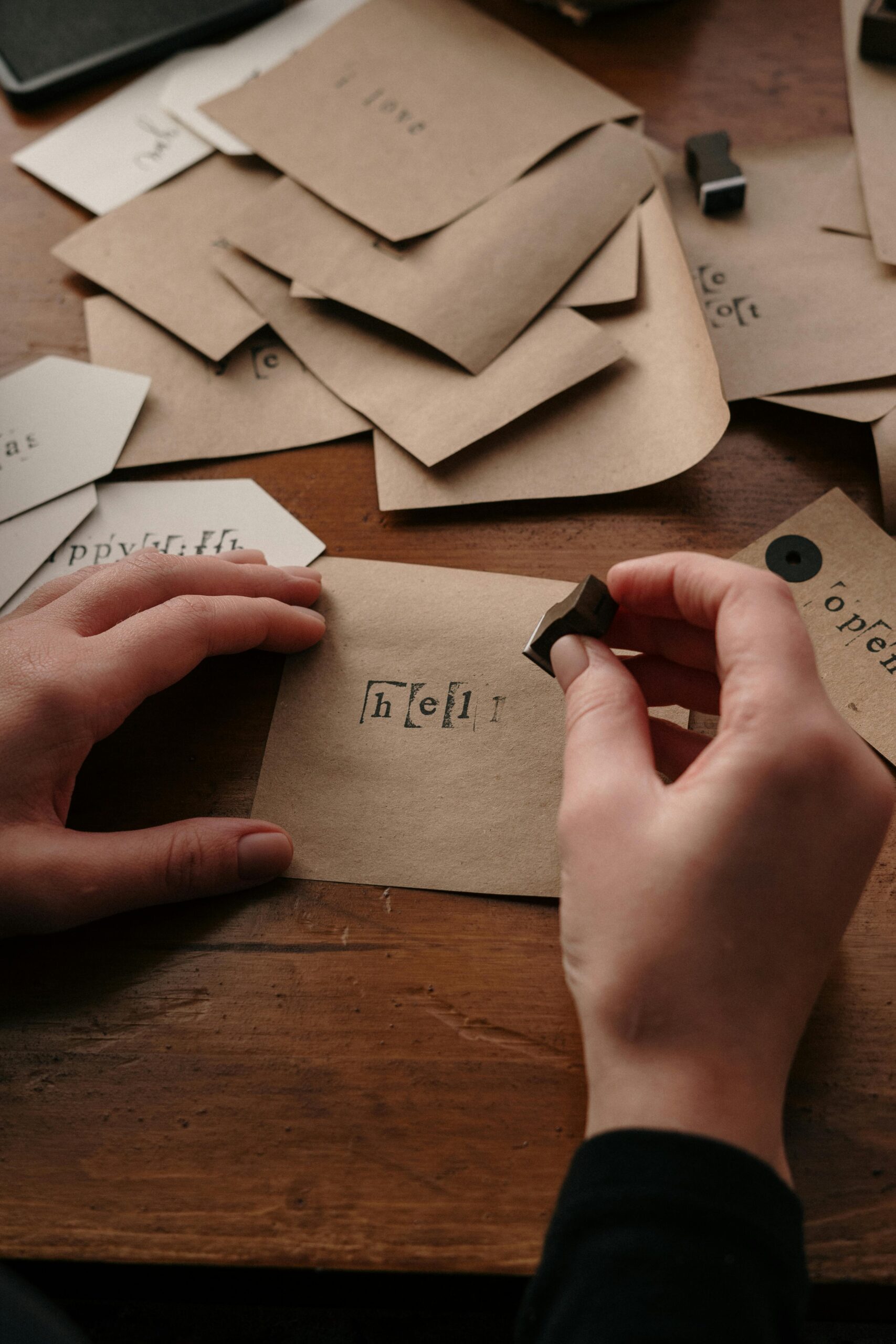 Hands stamping custom cards with love on a wooden desk.